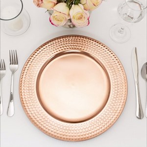 Simply Elegant Classic Hammer Edge Charger Plate | Service Plate for Parties, Dinner, Weddings, Quinceaneras and Events | 13 inch Diameter | Rose Gold- Gloss Finish | Set of 6