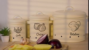 Navaris Vegetable Bins for Onions and Potatoes (Set of 3) - Potato Onion Garlic Storage Canisters Keeper Tin Containers with Wood Handles - Cream