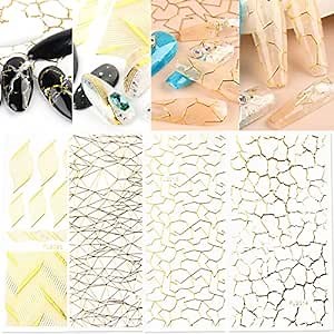 12 Sheets Metallic Self-Adhesive Nail Stickers for Women, 3D Metal Line Wave Web French Design Sticker Decals Supply Manicure Fingernail Decorations Gift Women Girls (Golden), Gold