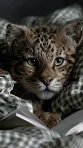 4.7K views · 4K reactions | Bedtime story with a baby leopard ✨ This tiny wildheart curls up in the blankets and “reads” like the cutest little scholar. Soft paws, sleepy eyes and full cozy vibes. What would you name this gentle mini leopard? #kitten #babyleopard #cozyvibes #catlover #cuteness | Wish Ai Creator | Facebook