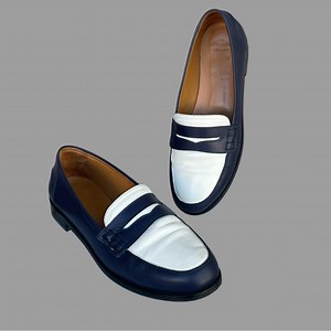 SEZANE Navy Blue & White Colorblock Leather Andrea Penny Loafers André Moccasins