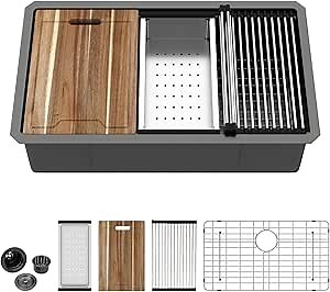 Kichae 28 Black Kitchen Sink Undermount Workstation - 28x18 Gunmetal Black Stainless Steel Undermount Kitchen Sink 16 Gauge Deep Single Bowl Basin Round Corner