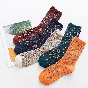 [Hot Item] Hot Woman Floral Print Cotton Fashion Vintage Streetwear Crew Socks