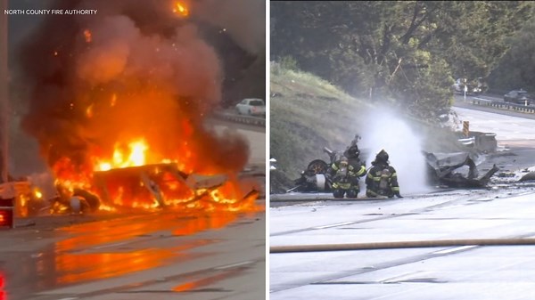 Battery fire engulfs Tesla on I-280 in Daly City after crash, shutting down lanes for hours