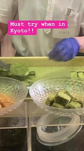 Must try when in Kyoto! Delicious Matcha Warabi Mochi. These are square jellies made with green tea and powdered with matcha green tea, all locally produced in Kyoto. Jelly-like, but a kind of jelly that fills your mouth and does not dissolve like water; combined with the grassy bitterness of matcha giving you this slightly dry feeling, matching the moist sweetness of the mochi perfectly #musttryfood #deliciousfood #japanesefood #japantravel #foodielife #matchalover | Tita Alice’ Life Chronicles