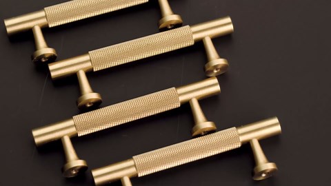 RZDEAL 5 Pack Solid Brass Cabinet Pulls Gold Kitchen Cabinet Handles Drawer Pulls Brushed Brass Kitchen Cabinet Hardware, 3 Inch Hole Center