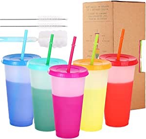 Color Changing Cups - 5 pack 24oz Reusable Tumbler with Lids and Straws BPA Free Magic Colored Tumbler with Straw Cleaner and Sponge Cleaning Brush, Red,Pink,Yellow,Blue, Large