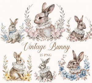 Bunny Clipart, Watercolor Bunnies Clipart Bundle, Vintage Rabbit PNG, Bunnies Sublimation, Bunny Flower, Easter, Spring, Digital Download - Etsy
