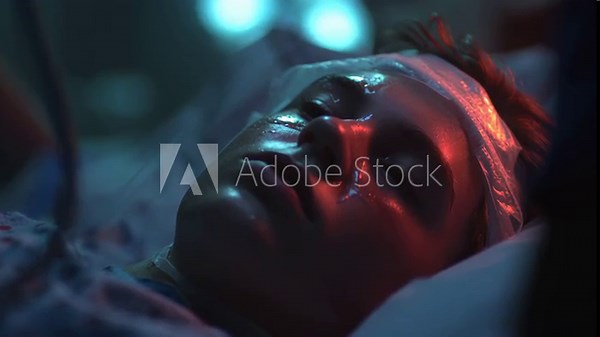 Critically ill patient gradually regaining consciousness in hospital bed, displaying intense emotional struggle while recovering from serious medical emergency, sweat glistening across weary face