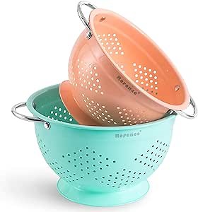 Rorence Colanders with Riveted Handles: Stainless Steel with Coral & Mint Green Color Powder Coating Set of 2