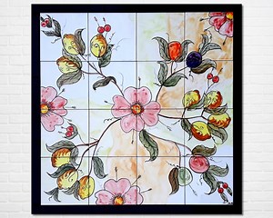 Hand-painted Ceramic Tile Mural: Floral Backsplash Design, 24x24 In - Etsy Australia