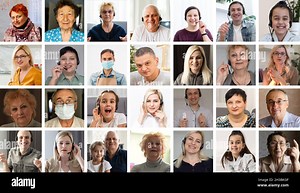 Headshot screen application view of smiling multiracial employees talk speak on video call brainstorm together, multiethnic coworkers engaged in team Stock Photo - Alamy