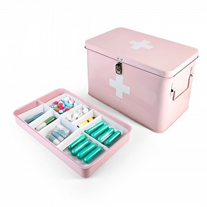 [Hot Item] Pink Portable Medical Storage Tin Box Meetal Home First Aid Kit