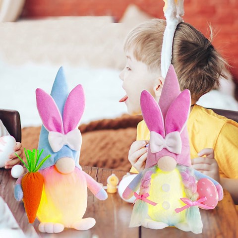 Lighted Bunny Easter Gnomes Easter Decorations Spring Gnomes Plush Rabbit Gnomes Gift for Girl Women Kids, Spring Decoration, Pink