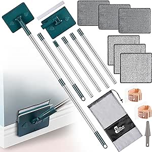 Wall Mop Cleaner Tool with Handles 93 Inches, Baseboard Cleaning Tool for Walls and Floor 360° Rotating Ceiling Cleaner with Extension Poles Microfiber Chenille Pads (Rectangular)