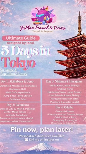 🎌 Planning a trip to Tokyo? Here’s a 5-day itinerary for anime & pop-culture lovers, designed by a Tokyo local — perfect for first-time visitors and hardcore fans alike 🎮🎥✨ This itinerary covers it all: ✨ Must-see spots ✨ Hidden gems locals love ✨ Anime, gaming, and pop-culture highlights Want your own personalized Tokyo plan — tailored to your interests, pace, and travel style? 📩 Message us and let’s build your perfect Japan trip together ✈️🇯🇵 #JapaneseAnime #JapanItinerary #TokyoTravel #