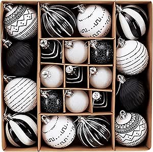 DecorbyHannah Black White Christmas Ornaments Set, 21ct Boho Christmas Ornaments for Tree Decorations, Shatterproof Plastic Decorative Hanging Ball Bulk for Xmas Holiday Home Indoor Party Decor