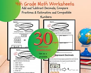 4th Grade Math Worksheets| Add and Subtract Decimals| Compare Fractions| Estimation and Compatible Numbers - Etsy Canada