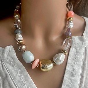 Chunky Necklace Statement Necklace Aquamarine Necklace Gemstone Necklace Sea Shell Necklace Beaded Necklace Collar Necklace Pearl Necklace - Etsy