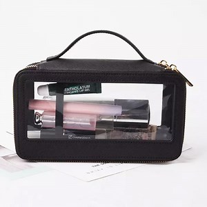 [Hot Item] Custom Logo Transparent Double Layer PVC Cosmetic Clutch Travel Organizer Make up Pouch Clear Zipper PVC Makeup Bag