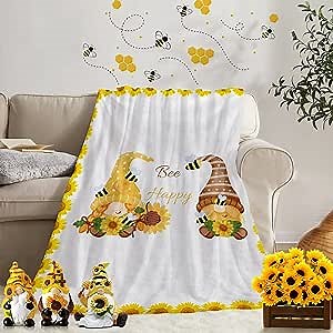 Fall Gnomes Blanket, Birthday Gnome Gifts for Women, Sunflower Throw Blanket Positive Words Kids Birthday Gift, Fleece Flannel Plush Blanket for Sofa Couch Bed Gnome Decor 60''x50''