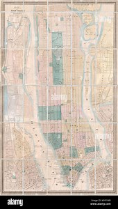 . Map of New York City and Vicinity.  English: This is a rare pocket map of New York City by M. Dripps. Covers the entire island of Manhattan as well as parts of Brooklyn, Queens, Hoboken and Jersey City. Shows the city in considerable detail with all streets and, in Manhattan, block numbers clearly shown. Labels most of the piers in lower Manhattan and shows numerous individual buildings with identifying numbers. Where Columbia University now stands, this map reveals a 19th century Lunatic Asyl