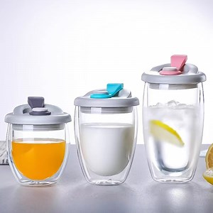 250/350/450ml Blown Handless Double Wall Glass Coffee Mugs with Bamboo Lid Cup