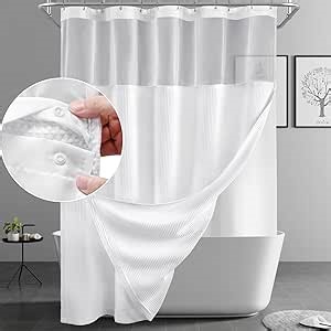 YellyHommy White Waffle Shower Curtain with Snap in Liner Cotton Hotel Style Shower Curtain Liner Washable with Hooks 72" Wx72 L