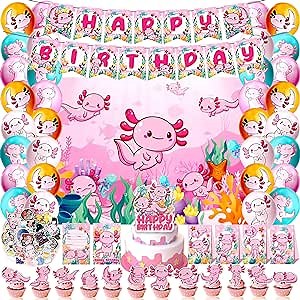 105 Pcs Axolotl Birthday Decorations Party Supplies Axolotl Cupcake Toppers Balloons Happy Birthday Banner Stickers