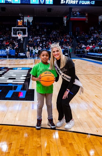 Exciting start to NCAA First Four at UD Arena🏀🌟 At halftime, Madison shined as area students in grades K-8 showcased their skills in the basketball ‘hot shot’ challenge as part of the Big Hoopla STEM Challenge. 🚀📚 🎉#NCAAFirstFour #STEMChallenge #ScholarshipWinners #TheRoadStartsHere #TheFirstFour #MarchMadness | Miss America