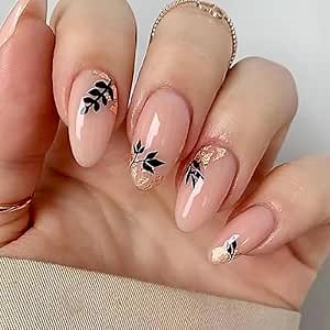 Medium Length Press on Nails Almond Fake Nails French Pink Acrylic Fall Nails with Gold Foil and Diablo Leaf Shadow Glue on Nails Designs Artificial Nail Art Stick on Nails for Women and Girls 24 Pcs