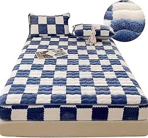 Milk Velvet Checkered Bedding Mattress Cover (Blue,59 * 78in(Mattress Cover)+Pillow Cover)