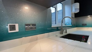 In love with this modern kitchen 🤩 The printed gradient splashback has added a lovely touch of colour to this sleek monochrome kitchen. The lighter colours of the splashback create a nice contrast against the black german cabinets. We are currently offering our gradient splashback at up to 40% off! Visit our website for more information: https://www.creoglass.co.uk/splashbacks/printed-splashbacks/printed-gradient-splashbacks Or price enquires: https://www.creoglass.co.uk/get-free-quote | CreoGl