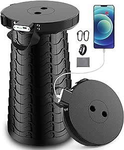 Retractable Folding Stool with Rechargable Phone Charger, HUXUS Portable Telescoping Collapsible Camping Stools Seat Lightweight Sturdy for Adults Indoor Outdoor Garden Travel Fishing BBQ Load 410lbs