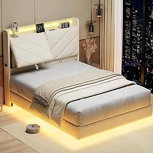 Queen Size Floating Bed Frame with LED Light Headboard, Adjustable Backrest Metal Platform Bed Frame with Hidden Storage, Type-C and USB Charging Station, No Box Spring Needed, Cream