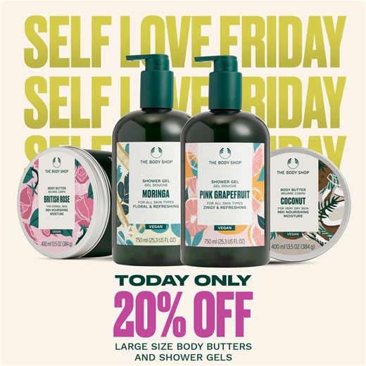 🚨 Restock alert 🚨 Shop body-loving essentials with 20% off your favourite large-size shower gels and body butters 🤩 ✨ Available online only ✨ Valid today only Ready? Shop 👇 | The Body Shop