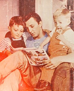"Robert Mitchum and his wife, Dorothy, are photographed with their sons, James and Chris, at home, 1947. The candid family moment offers a rare glimpse into the personal life of the celebrated actor, known for his rugged screen presence and film noir roles. Married in 1940, Robert and Dorothy maintained a strong and enduring partnership throughout his Hollywood career. At their cozy California residence, the couple embraced the joys of parenthood, raising their children away from the spotlight. 