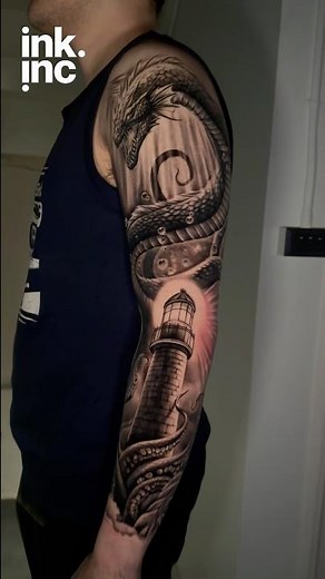 Dragon Sleeve Tattoo | Black & Grey Lighthouse & Sea Monster Arm Design