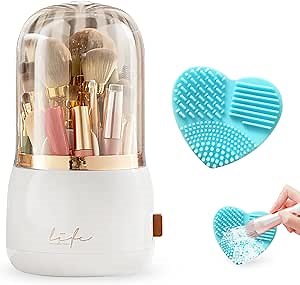 Sobotoo Makeup Brush Holder, Newest 360 Rotatable Makeup Brush Holder With Lid, Dustproof & Waterproof Makeup Brush Organizer for Vanity Desktop Bathroom Bedroom Countertop (A)
