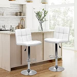 Amazon.com: Adjustable Bar Stools Set of 2, PU Leather Swivel Bar Chair, Armless Kitchen Bar Stools, Square Bar Height Barstools Counter Chairs with Back(White) : Home & Kitchen