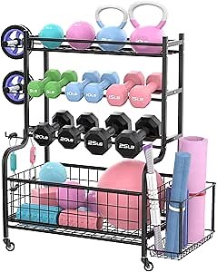 WALMANN Yoga Mat Storage Rack, Home Gym Storage Rack for Dumbbells, Kettlebells, Foam Roller, Yoga Strap and Resistance Bands, Exercise Equipment Storage Organizer With Wheels