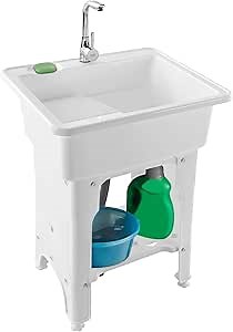 Freestanding Plastic Laundry Sink with Washboard & Storage Shelf Indoor and Outdoor Utility Sink with Cold and Hot Water Faucet, Hoses and Drain Kit White Laundry Tub (25.59 * 21.65 * 31.5in)