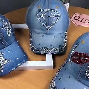 Women Distressed Denim Baseball Cap Rhinestone Jeans Bejeweled Crown Sparkle Bling Hat