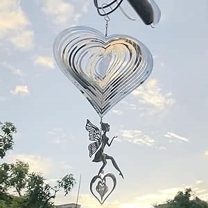 Stainless Steel Wind Spinner - Love Heart 3D Metal Hanging Wind Spinners, Stunning 3D Effect, Indoor/Outdoor Hanging Angel Décor for Garden Yard, Kinetic Art Sculpture & Ornaments
