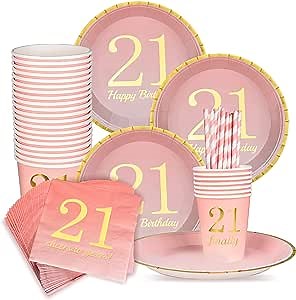 Amazon.com: 21st Birthday Decorations Party Supplies Gifts for her Napkins,Cups,Plates,Straws - 24 Sets (21st Birthday) : Home & Kitchen