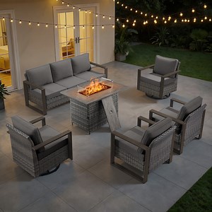 Bellefurn Luxury 6 Pieces Patio Furniture Sets with 41” Propane Fire Pit Table,Rattan Outdoor Deep Seating Conversation Set with 4 Swivel Glider Patio Chair and Rattan Sofa for Porch Backyard Balcony