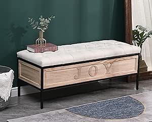 LKTART 48'' Storage Bench Upholstered Bedroom Bench, Ottoman Bench with Safety Hinge Flip for Bedroom, Living Room, Entryway Beige