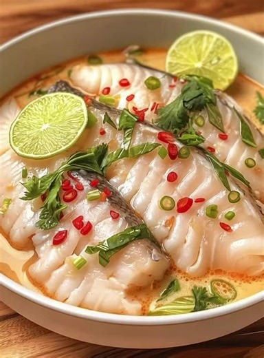 Coconut Lime Fish Soup 🥥🍋 🍲 Ingredients: 1 lb (450g) white fish fillets (like cod, snapper, or halibut), cut into 1-inch pieces 1 tablespoon vegetable oil 1 onion, finely chopped 3 cloves garlic, minced 1-inch piece of ginger, minced 1-2 red chilies, sliced (optional, for heat) 1 can (14 oz) coconut milk 4 cups fish stock (or chicken broth) 1 tablespoon fish sauce 1 tablespoon soy sauce 1 tablespoon lime zest Juice of 2 limes 2 teaspoons sugar 1 cup cherry tomatoes, halved 1 red bell pepper, 