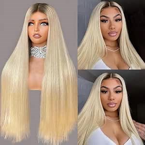 Munx Pre Plucked Human Hair Lace Front Wigs Full 180% Density Straight Glueless Ombre Blonde 13x4 HD Transparent Lace Frontal Wig for Women Bleached Knots Middle Part 1B613 Lace Wigs 28"