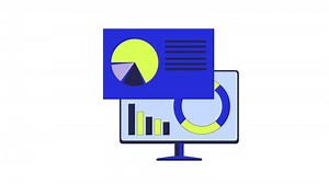 ordinateur en cours d'analyse Les données ligne 2d objet animation. diagramme circulaire La technologie plat Couleur dessin animé 4k , alpha canaliser. tarte graphique graphique. technologie analytique bureau moniteur Animé article sur blanc Contexte